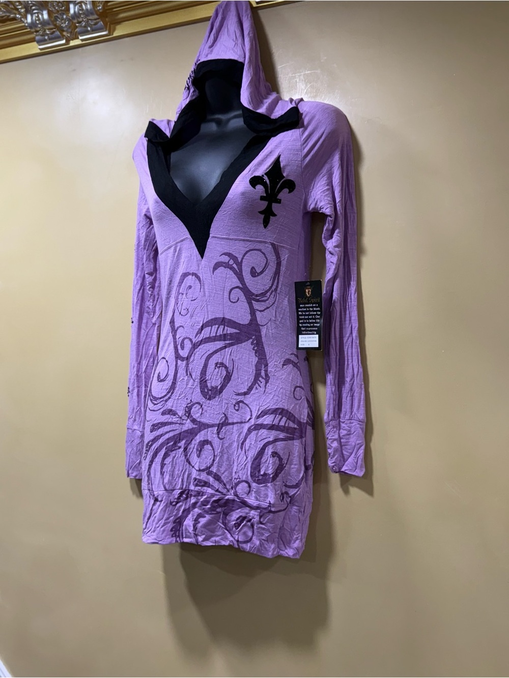 Rebel Spirit Lavender Hooded V-Neck Long Sleeve Dress with Black Trim